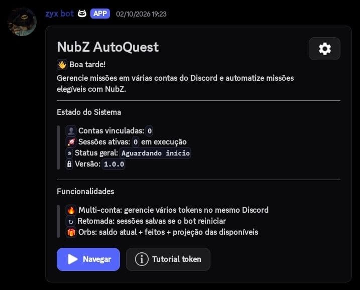 Preview real do painel AutoQuest do ZyXBot no Discord