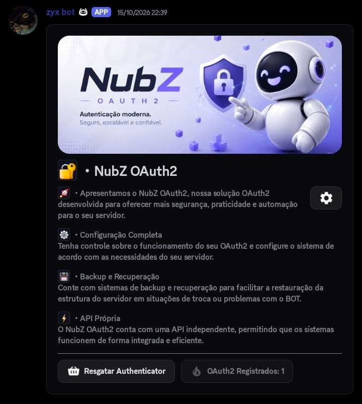 Preview real do painel OAuth2 do ZyXBot no Discord